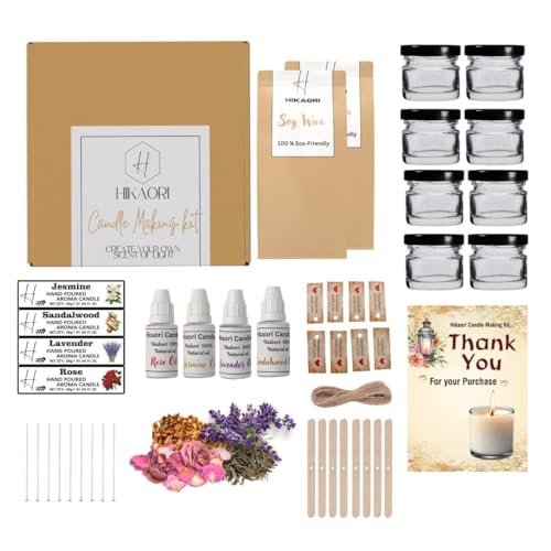 Hikaori Candle Making Kit | Candle Making Kit | Soy Wax | Glass Jars | Rose, Lavender, Jasmine, Sandalwood Fragrance Oils | Wick Holder | Scented Kit & More (Regular Kit)