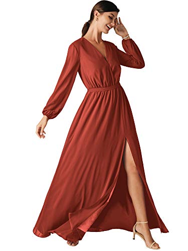 ALICEPUB Rust Bridesmaid Dresses for Women Chiffon Long Sleeve Formal Maxi Dress V-Neck, Custom Size