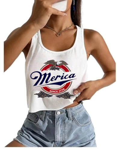 Women's Sexy American Flag Crop Tank 4th of July Patriotic Sleeveless Tee Tops (White18,M)