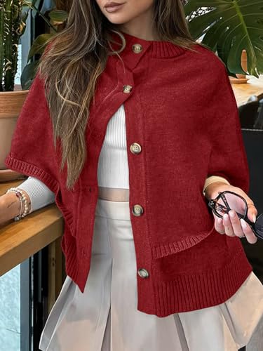 Image of Saodimallsu Womens Cropped Cape Cardigan Button Up Crew Neck Jacket Shawl Fall Trendy Knit Sweater