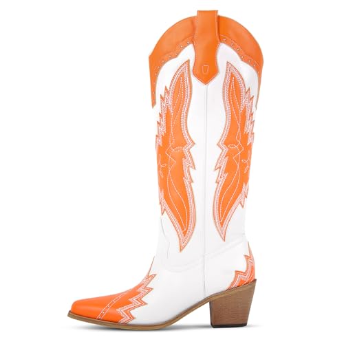 Richealnana Women's Western Cowgirl Knee High Boots Embroidered Cowboy Boots Chunky Heel Fashion Pointed Booties