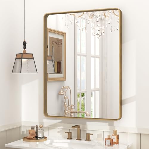 CHARMOR 24x32 Gold Bathroom Mirror, Rounded Rectangle Gold Frame Mirror, Brushed Gold Brass Bathroom...