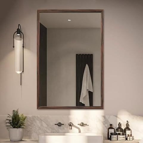 TheiaMo Walnut Wood Bathroom Mirrors for Wall Mounted, 36" x 24" Rectangle Rustic Wood Framed Wall Mirror, Decorative Farmhouse Mirror for Bathroom, Bedroom, Entryway, Horizontally/Vertically Cover