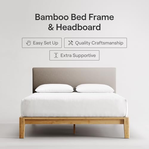 Image of Nectar Bamboo Platform Bed Frame & Upholstered Headboard - King - Natural /Slate - Floating Center Support Legs -12 inch Height - Easy Tool Free Set Up - Sturdy Wooden Support Slats - Holds Up To 500 lbs