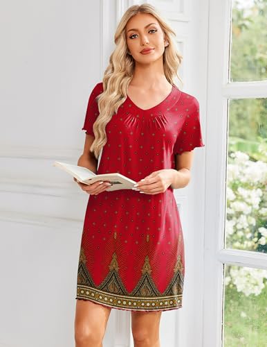Image of Ekouaer Nightgowns for Women Short Sleeve House Dress with Pockets Pleated Soft Moomoo V Neck Sleepwear