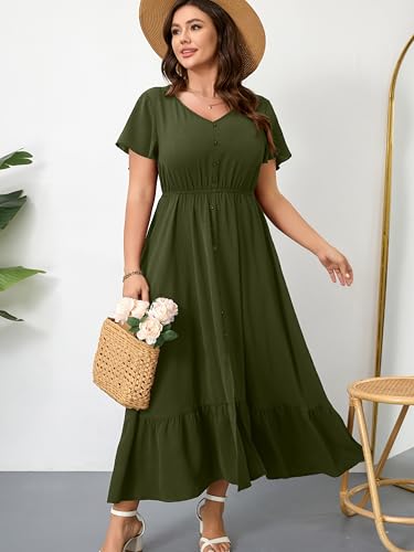 Image of RWJ Women Plus Size Maxi Dress V Neck Short Sleeve Button Trim Split Flowy Tiered Casual Long Dresses 2025 L-3XL
