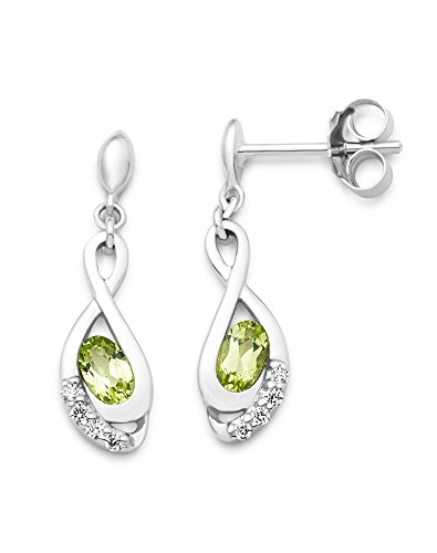 Miore Ohrringe Damen Hängend Silberfarbig 925 Sterling Silber Rundschliff Zirkonia Steinchen mit Peridot