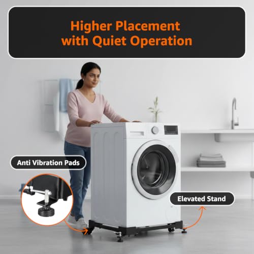 Image of Amazon Basics Heavy-Duty Adjustable Appliance Stand, Expandable Metal Frame with Anti-Skid Pads, for Washing Machine, Refrigerator, Dishwasher & Air Cooler | Load Capacity 180 kg