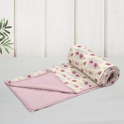 Image of HUESLAND 100% Cotton Reversible Dohar Single Bed Cotton | Soft Cambric Weave, Lightweight AC Blanket for Summer & All Weather Use | 56 x 89 inches, Floral Medley - Ivory & Pink