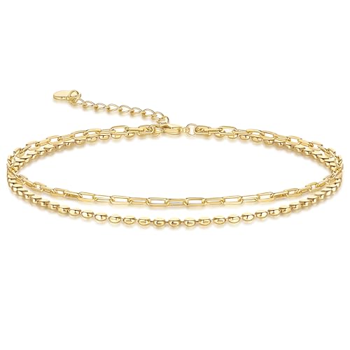 14K Gold Anklets for Women Gold Ankle Bracelets for Women Double-Layer Design Paperclip Beaded Anklets for Womens