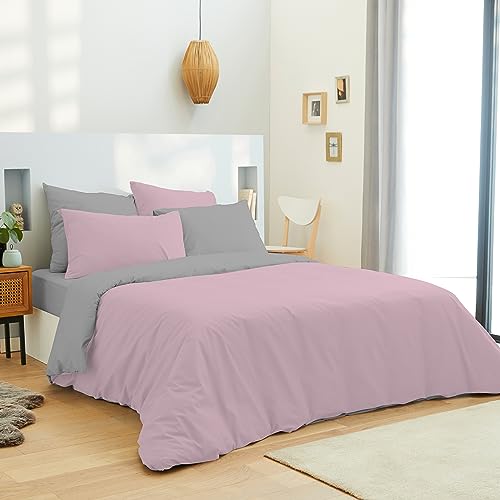 univers decor - Juego completo de 6 piezas, Edredón, Sábanas, Cubrecama, 240 x 220 cm, cama de 160 x 200 cm, 100% algodón, 57 hilos/cm² (rosa/gris)
