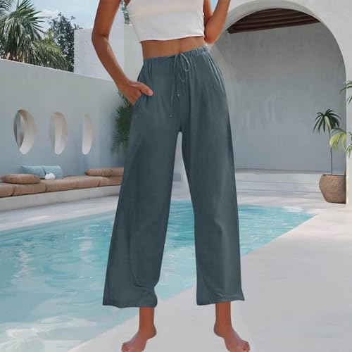 Women's Cotton Linen Pants Summer Drawstring Palazzo Pants Flowy Wide Leg Pants Beach Vacation Clothes with Pockets4