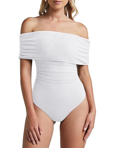 REORIA Women’s Summer Trendy Bodysuits Sexy Leotard Off Shoulder Mesh Going Out Bodysuits Tops White M REORIA Women’s Summer Trendy Bodysuits Sexy Leotard Off Shoulder Mesh Going Out Bodysuits Tops White M