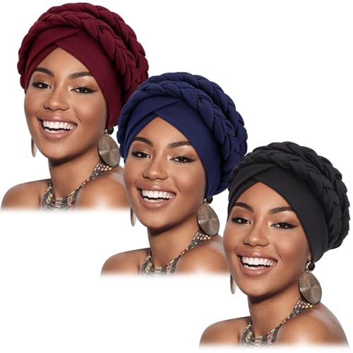 Image of DRESHOW Turban Pre-Tied Twisted Hat Thread African Head Wraps for Black Women Chemo Cancer Cap Braid Hair Cover