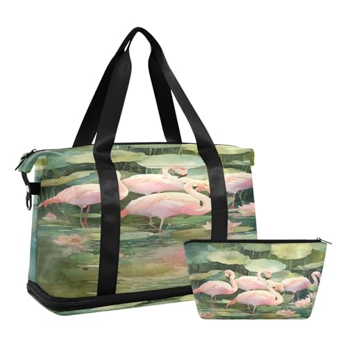 Flamingo Green Travel Duffel Bag for Women Men Gym Bag with Shoe Compartment Wet Pocket Carry On Weekender Overnight Bags for Hospital Gym Travel2