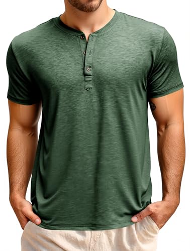 Runcati Herren T-Shirt Kurzarm Henley Shirt Sommer Regular Fit Oberteile Männer Rundhals Einfarbig Basic Hemd Casual Tee Tops mit Knopfleiste Armeegrün XL