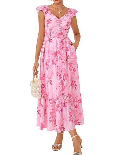 GRACE KARIN Damen Elegant Blumenkleid Rüschenärmel V-Ausschnitt Kleid Damen Sommer mit Tasche Sommerkleid Damen Leicht Strandkleid Rosa-Rosenrot Blumen L