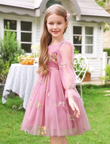 IMEKIS Kids Girls Pink Heart Tulle Dress Mesh Long Sleeve Pageant Formal Tea Party Dresses 3-10T4