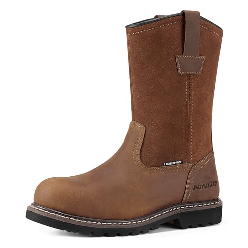 HISEA NINGO Mens Steel/Soft Toe Work Boots, 100% Waterproof Wellington Boots Shoes with Full-grain Leather, Oil Slip Resistant, Hazard Protection, Pull on Work Boots for Men, for Construction, Farming