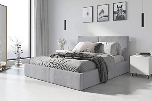 Interbeds Lit Double rembourré Hilton avec Rangement sommier et Matelas Couchage 180x200 2 Places pour 2 Personnes (Gris Clair)
