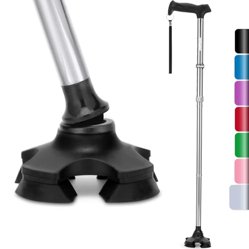 Rehand 折りたたみ式自立式 4点杖 つえ 杖 男女用 軽量 高齢者 8段階調節 (シルバー)