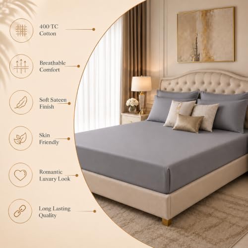 Image of LINENWALAS 100% Cotton Fitted Bedsheet, 400tc Long Staple Imported Egyptian Cotton, Premium Bed Sheet with Pillowcase for Queen Bed All-Around Elastic for 4-8 Inch Mattresses (60 inch x78 inch, Silver Grey)