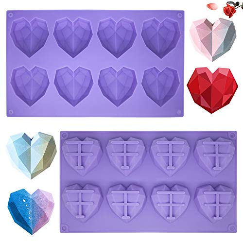 Silicone Heart Molds for Chocolate Geometric Heart Mold 8 Cavity Diamond Heart Shaped Silicone Mold Purple Non-stick Easy Release Geometric Chocolate Mould for Valentine Mousse Chocolate Making 2Pcs