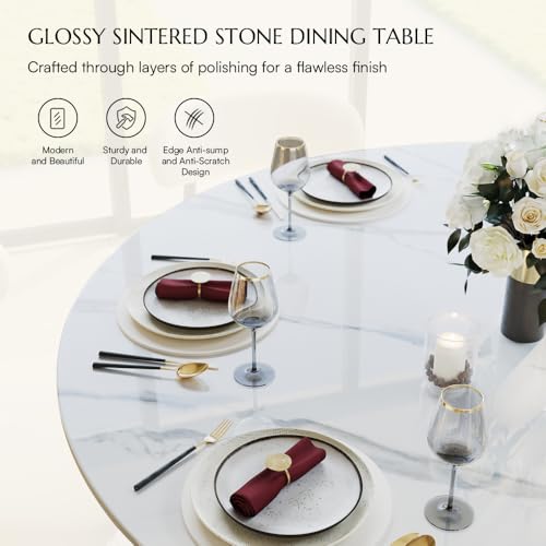 POVISON 59" Modern Dining Table, Glossy White Round Dining Table for 6, Sintered Stone Dining Tabletop with Black X Carbon Steel Base (Table Only) - Image 6