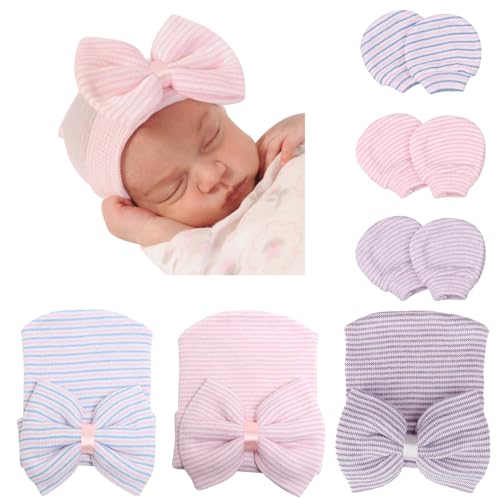 DRESHOW BQUBO 3 Pack Newborn Hospital Hat and Mittens Infant Baby Beanie with Bow Soft Cute Knot Nursery Cap