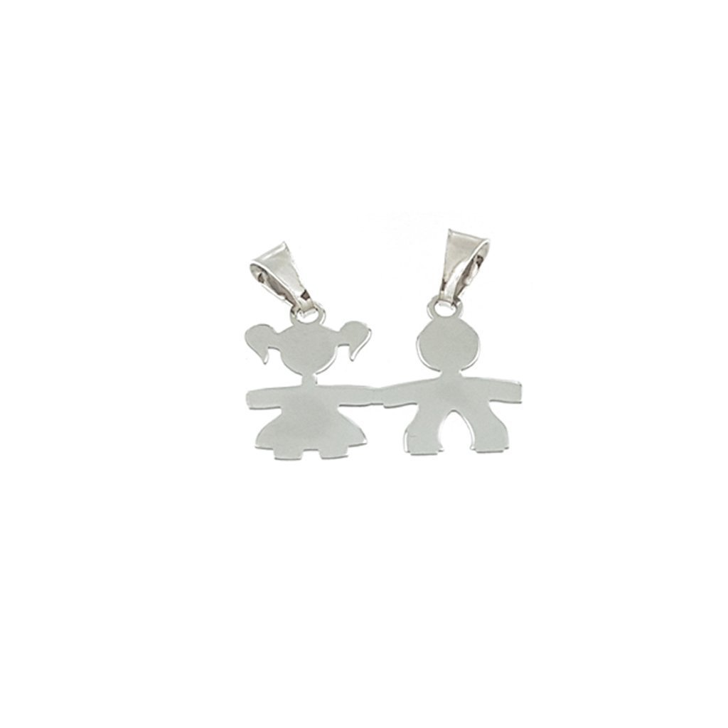 2 ciondoli a forma di 2 bambini da dividere, bimbo e bimba, in argento 925. Incisione gratuita. Originale MOUN.