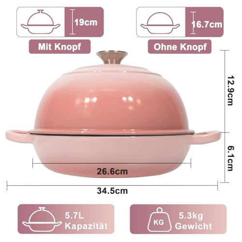 Gusseisen Topf Brot Backen,5,7L Bräter Emaille Schmortopf mit Deckel und Griffen,26 cm Dutch Oven,Brotbacktopf mit Gärkorb,Schmortopf Gusseisen Topf für Küche Backen Schmoren & Braten (Rosa) 2