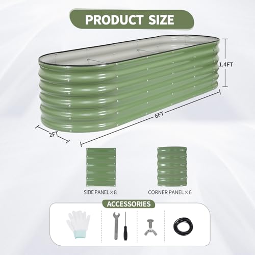Galvanized Raised Garden Bed Outdoor- 6x2x1.4FT Planter Box, Green | Metal Raised Beds for Gardening, Steel Raised Garden Bed Kit with Safety Edging and Gloves for Vegetables, Flower, Herbs