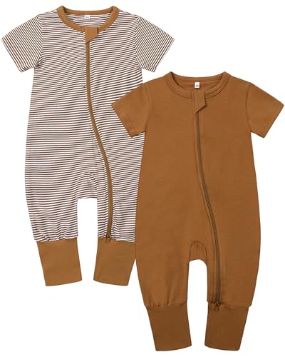 Image of BeiVSlley Baby Boy Girl's 2 Pack Summer Short Sleeve Rompers Infant Cotton Coveralls Toddler Zip front Outfits Clothes