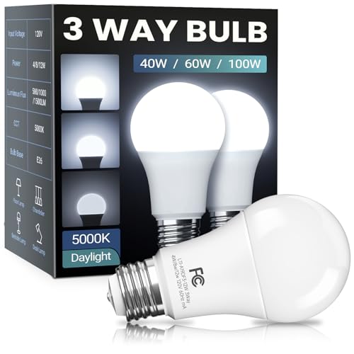 TJOY 3 Way Light Bulbs 40 60 100 Equivalent Daylight White 5000K, Dimmable A19 Three Way Light Bulbs E26 Medium Base, 4/8/12W Energy Saving UL Listed for Floor Lamp, Desk Lamp and Table Lamp, 2 Pack