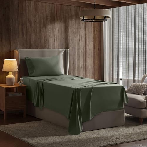 Image of Nestl Twin Bed Sheet Set - Olive Green - 3-Piece Deep Pocket | Instantly Soft, Night-One Ready (No Wash Required). Fits 16-Inch Deep Pockets, 360-Degree Elastic Grip