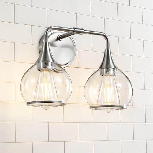 Image of Brushed Nickel Bathroom Vanity Light 2 Lights Bathroom Light Fixtures Over Mirror with Clear Glass Shade 14 inch Wall Sconce Lighting Bath(Exclude E26 Bulb)
