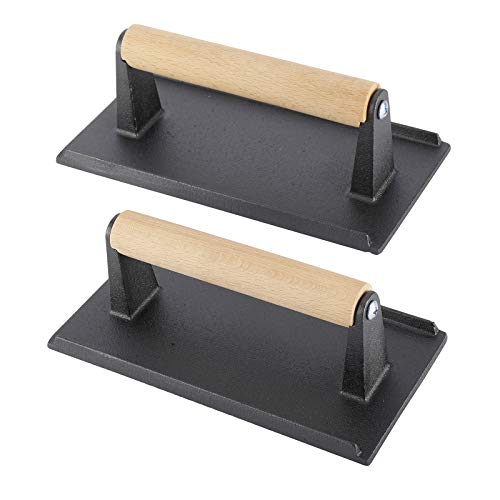 Yaesport Cast Iron Grill Weight/Bacon Press with Wooden Handle, 8 x 4-Inch Grill Press for Bacon, Paninis, Sandwiches and Vegetables, Set of 2