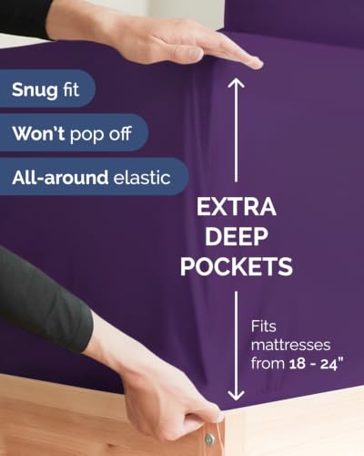 Image of Extra Deep Flex Top Split Head King Fitted Sheet - Hotel Luxury Single Fitted Sheet Only - Easily Fits 18 inch to 24 inch Mattress - Ultra Soft, Wrinkle Free w /Extra Deep Pockets - Purple