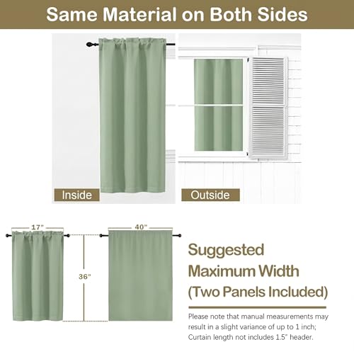 Image of Light Green Blackout Curtains for Small Window Treatment, Light Blocking Short Kitchen Window Curtains Over Sink, Dual Rod Pocket Half Window Tiers for Bathroom Basement, 2x40Wx36L Inches