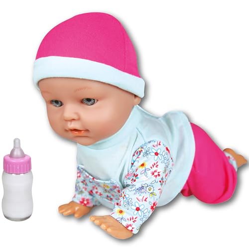 Lissi: 12' Crawling Baby Doll - Pink & Blue - Interactive Button-Activated Movement, Floral Top & Matching Hat, Feeding Bottle Care Accessory, Kids 2+