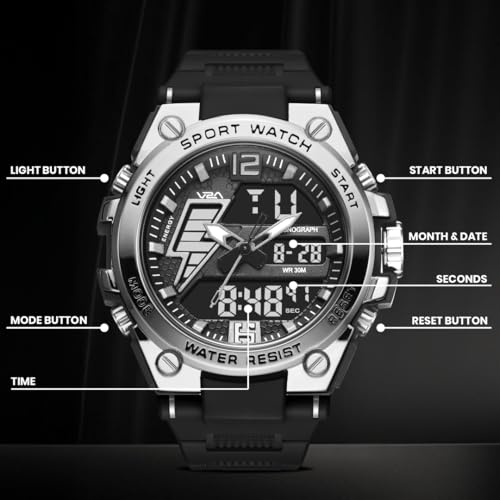 Image of V2A Stryke 45mm Analog Digital Sports Watch for Men | Hybrid Layered Dial | Alarm Stopwatch Backlight Day Date | TPU Strap | 30M Water Resistant | Gift for Mens