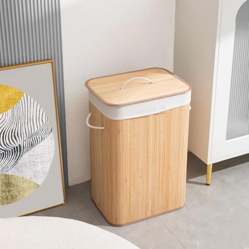 Image of LUXE HOME INTERNATIONAL Stripe Bamboo Laundry Basket with Lid | Eco-Friendly, Foldable & Lightweight Organizer (Natural, 40x30x60 cm, Pack of 1)