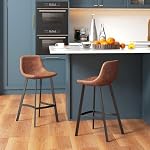 HOMCOM 27" Counter Height Bar Stools Set of 2, Industrial Kitchen Stool, Upholstered Armless Bar Chairs with Back, Steel Legs, Brown