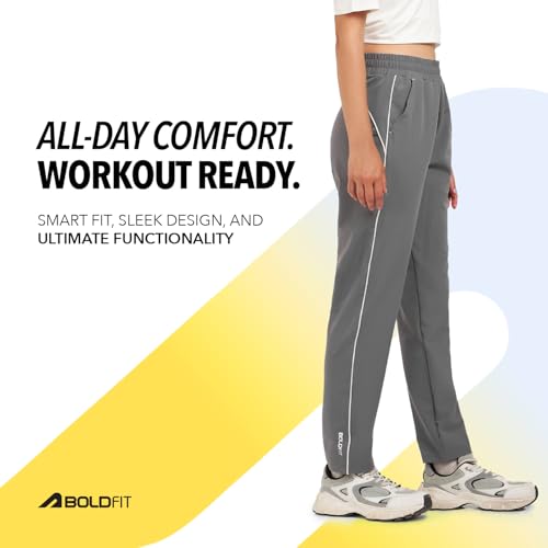 Image of Boldfit Track Pants for Women with Contrast Piping,Lightweight Poly Terry Fabric,Elastic Waistband, Side Slant Pockets,Regular Fit Gym Track Pants for Woman Athletic Gym,Running & Casual Wear Joggers