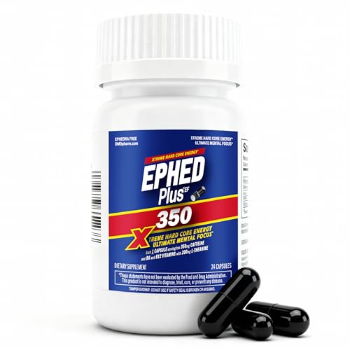 Caffeine Pills - Ephed Plus 350 24ct with 350mg Caffeine & 200mg L-Theanine - Energy Supplements for Extreme Hard Core Energy & Calm Mental Focus Without Jitters