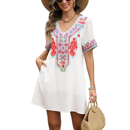 Image of Grosy Fiesta Embroidered Mexican Dress for Women Beach Vacation Plus Size Short Sleeve Summer Boho Dresses with Pocket