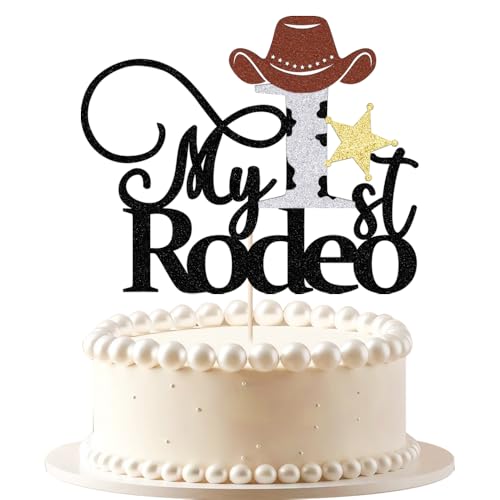 VQOUZVSR My 1st Rodeo Cake Topper,Black- brown Glitter Western Cowboy Boy Girl 1st Cake Decorations，My Rodeo First Birthday cake Decorations ，Also applies to Baby Shower Party Decorations