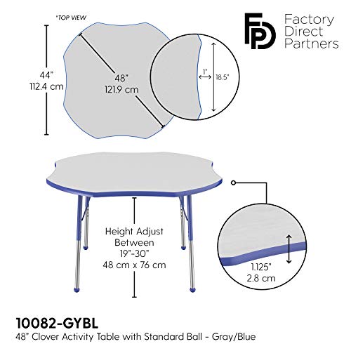 Image of FDP Clover Activity School and Office Table (48 x 48 inch), Standard Legs with Ball Glides for Collaborative Seating Environments, Adjustable Height 19-30 inches - Gray Top and Blue Edge