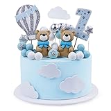 BlingABC Bear Cake Topper 49Pcs,3D Twin Bears with Balls Clouds Glitter Stars Cake Decoration for Boy Birthday Baby Shower Teddy Bear Theme Party Supplies(Blue Bear)