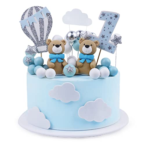 Blingabc Twin Bear Cake Toppers,3D Bear Cake Topper With Balls Clouds Glitter Stars Cake Decoration For Baby Shower Boy Teddy Bear Theme Birthday Party Supplies(49Pcs) #TOP5
